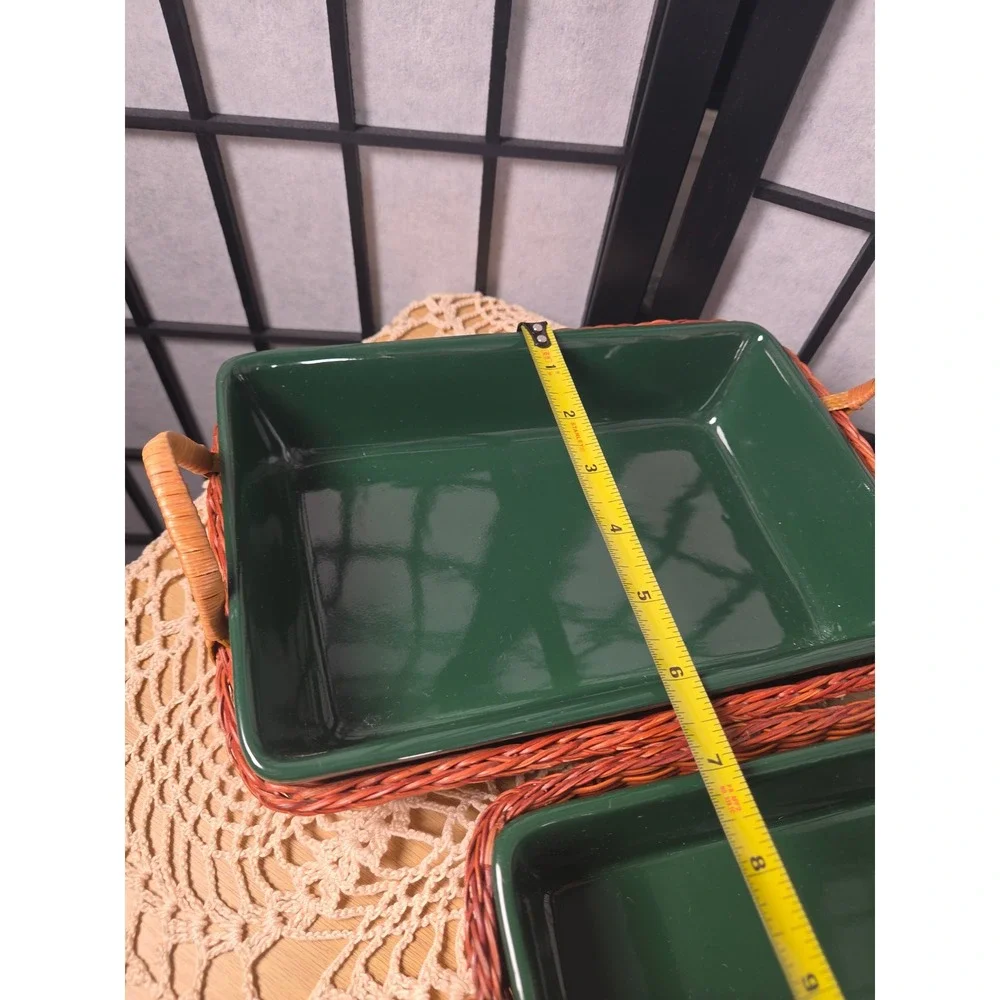 Vintage Green Ceramic Baking Dish Set with Wicker Baskets 3 Pieces Rectangular